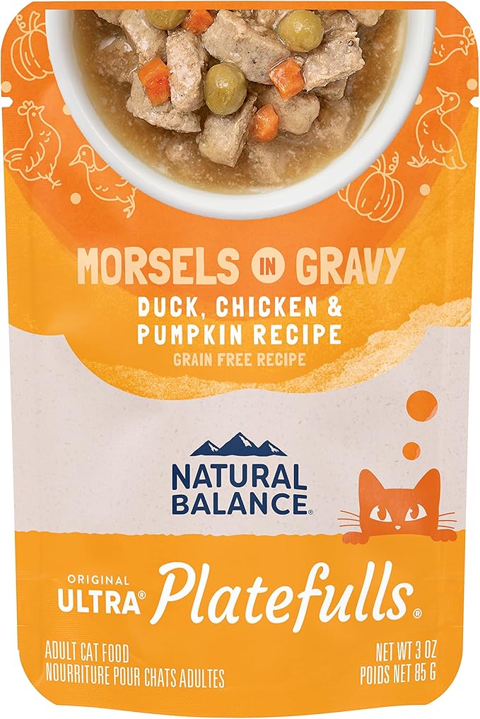 Natural Balance Original Ultra Platefulls Indoor Adult Grain Free Wet Cat Food, Duck, Chicken & Pumpkin Recipe, 3 Ounce Pouch (Pack of 24)