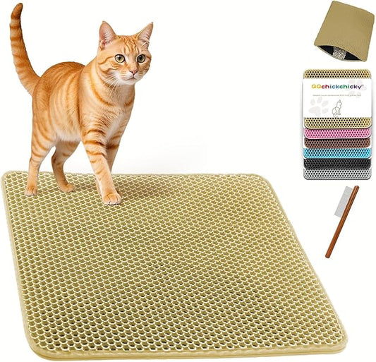 2025 𝗡𝗘𝗪 Waterproof Cat Litter Mat | Double Layer EVA, Odor-Free Large Grid | Urine Proof & Easy Cleanup | Soft on Paws | Versatile Design for Litter and Feeding (Khaki, 12×12)