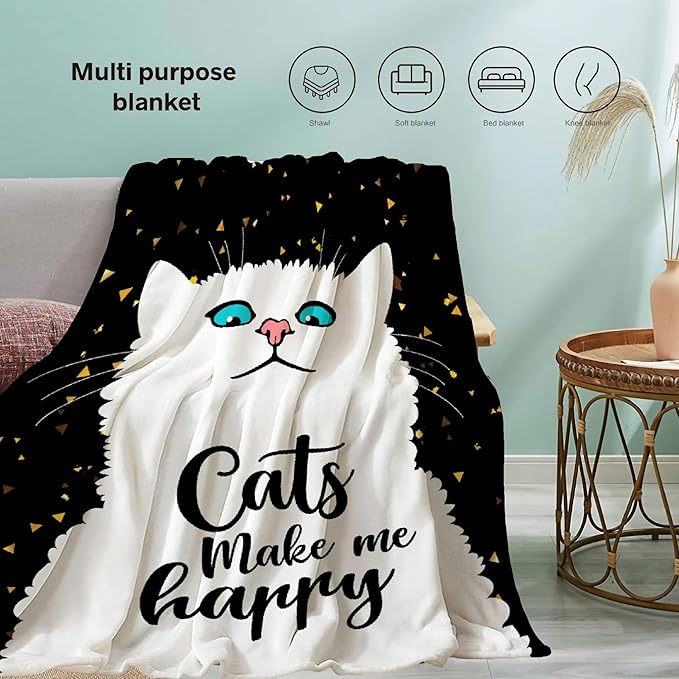 Cats Make Me Happy Throw Blanket Super Soft Cozy Black Cats Blanket for Kid Adult Women Men Cat Lovers Gift Cute Pet Cats Fleece Blanket for Couch Bed Sofa Chair Dorm Home Decor 50"x 40" Small for Kid