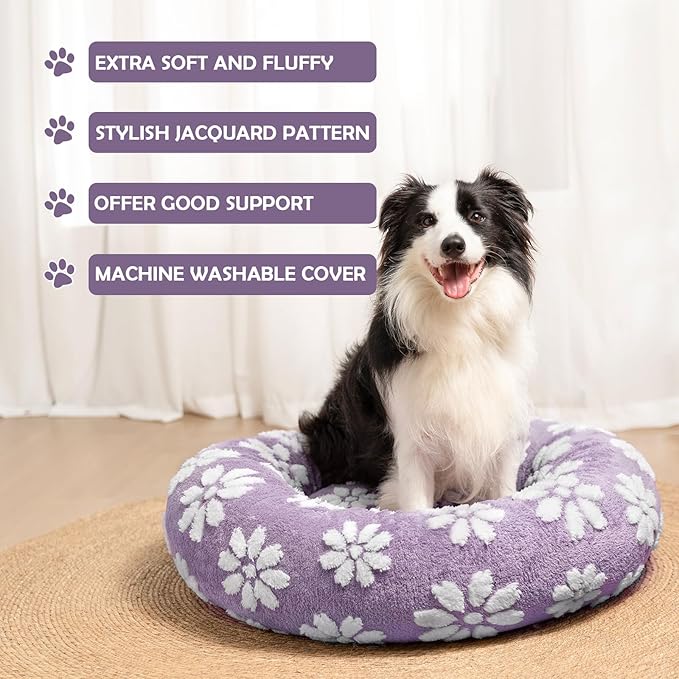 Donut Dog Beds for Small Dogs, Calming Round Cat Beds for Indoor Cats, Cute 3D Textured Flower Pet Bed with Removable Washable Cover and Anti-Slip Bottom（Purple，23"）