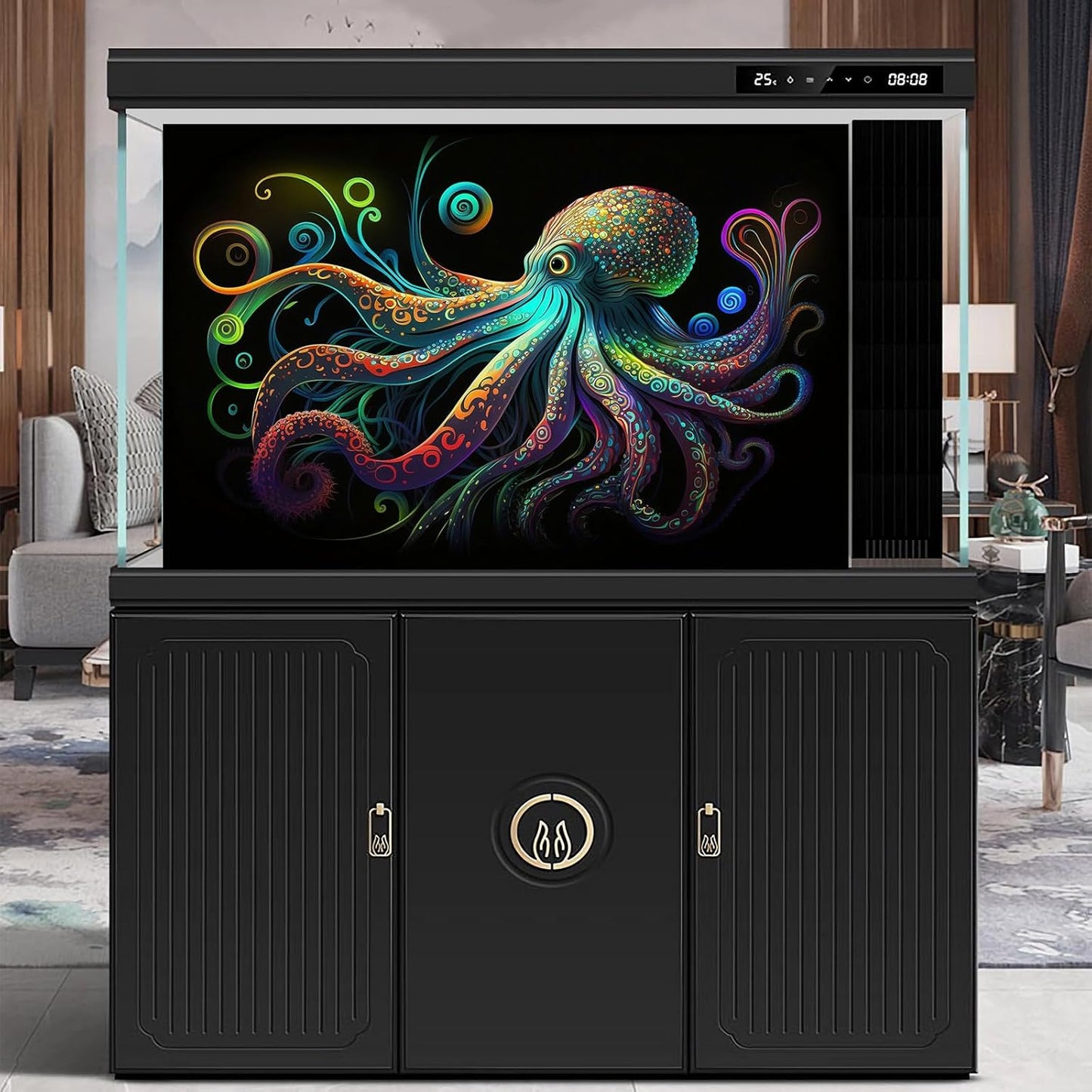 Octopus Aquarium Background Exquisite Colorful Octopus Terrarium Background Glowing Octopus on Black Background Fish Tank Backdrop Octopus Backdrops Poster Wallpaper Decorations Vinyl 30x18in