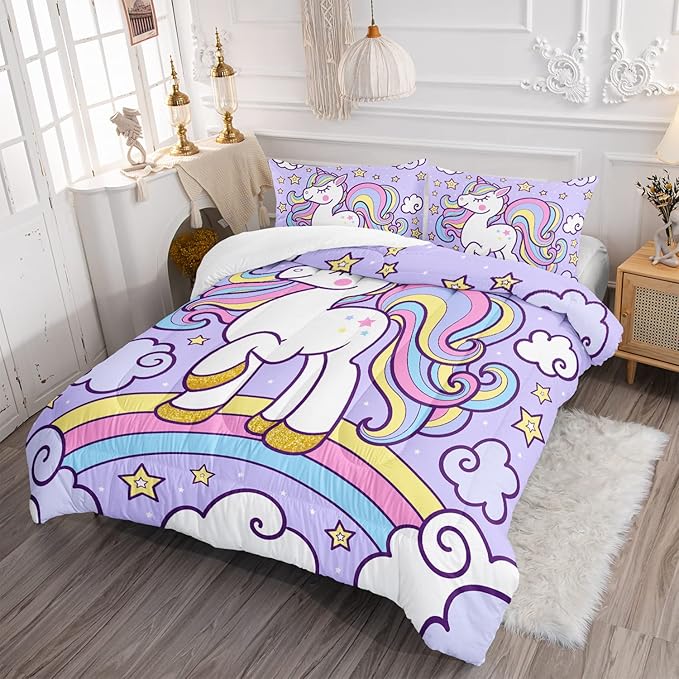 Axolotl Rainbow Unicorn Bedding Set Twin,Purple Unicorn Kids Comforter Sets with Stars Cloud for Girls,1 Quilt with 2 Pillowcases for Girls Kids Teens Children Adults Bedroom Decor All Season