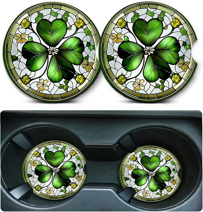 Car Coasters for Cup Holders,2 Pack Four Leaf Clover Car Coasters,2.75" Universal Size Anti Slip Rubber Mat,Automotive Cup Holder Decal Decor Accessories,Four Leaf Clover Gifts for Women,Men,Mom