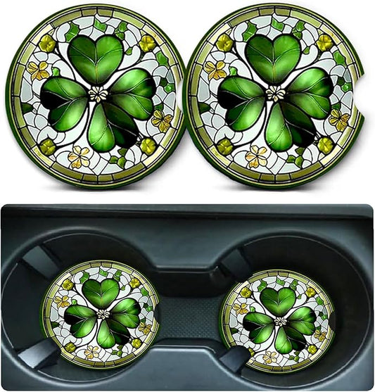 Car Coasters for Cup Holders,2 Pack Four Leaf Clover Car Coasters,2.75" Universal Size Anti Slip Rubber Mat,Automotive Cup Holder Decal Decor Accessories,Four Leaf Clover Gifts for Women,Men,Mom