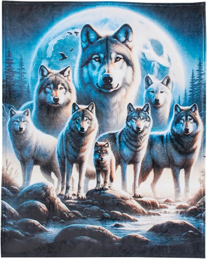 Dawhud Direct Wolf Fleece Blanket - Soft Plush, Cozy Throw for Kids and Adults - Throw Blanket with Pack of Wolves Over Forest Print, Ideal for Beds, Couches, and Travel - 60 x 50 Inches