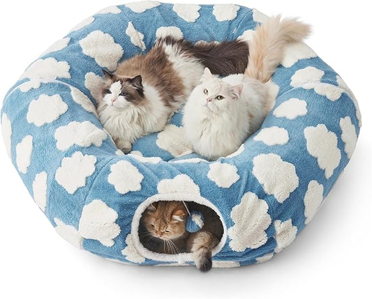 Lesure Large Cat Tunnel Bed for Indoor Cats - Cute Cat Donut Tunnel with Washable Circle Cushion, Round Pet Play Tunnel Toy for Kitten/Puppy/Rabbit,Blue