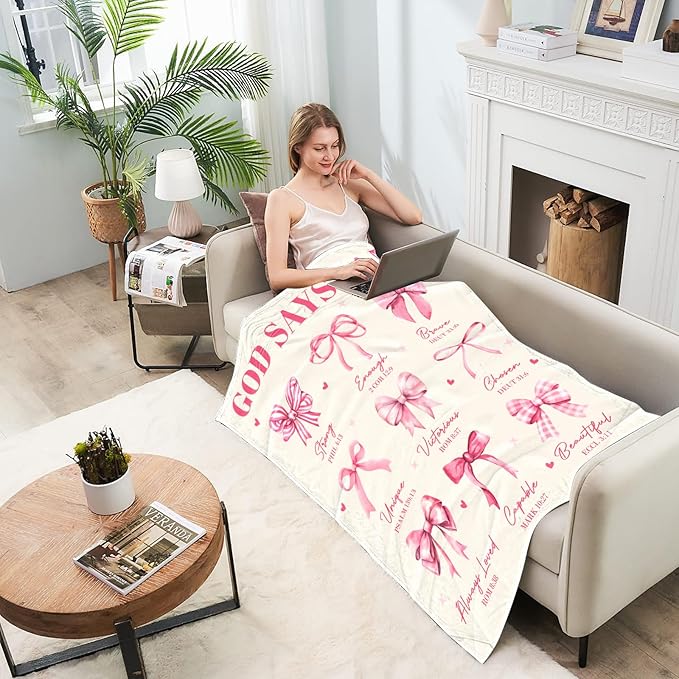 Christian Gifts for Women, God Says I Am Throw Blanket 80"X60", Inspirational Religious Birthday Gifts for Coquette Pink Bow Bible Verse Blanket, Christian Faith Jesus God Prayer Gift for Christmas
