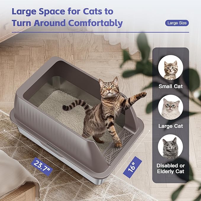 15" XL Stainless Steel Litter Box for Cats, Enclosed Metal Litter Box with Lid, Extra Large Kitty Litter Box with High Sides for High Peeing Cat, Easy to Clean, Non-Sticky, Including Scoop