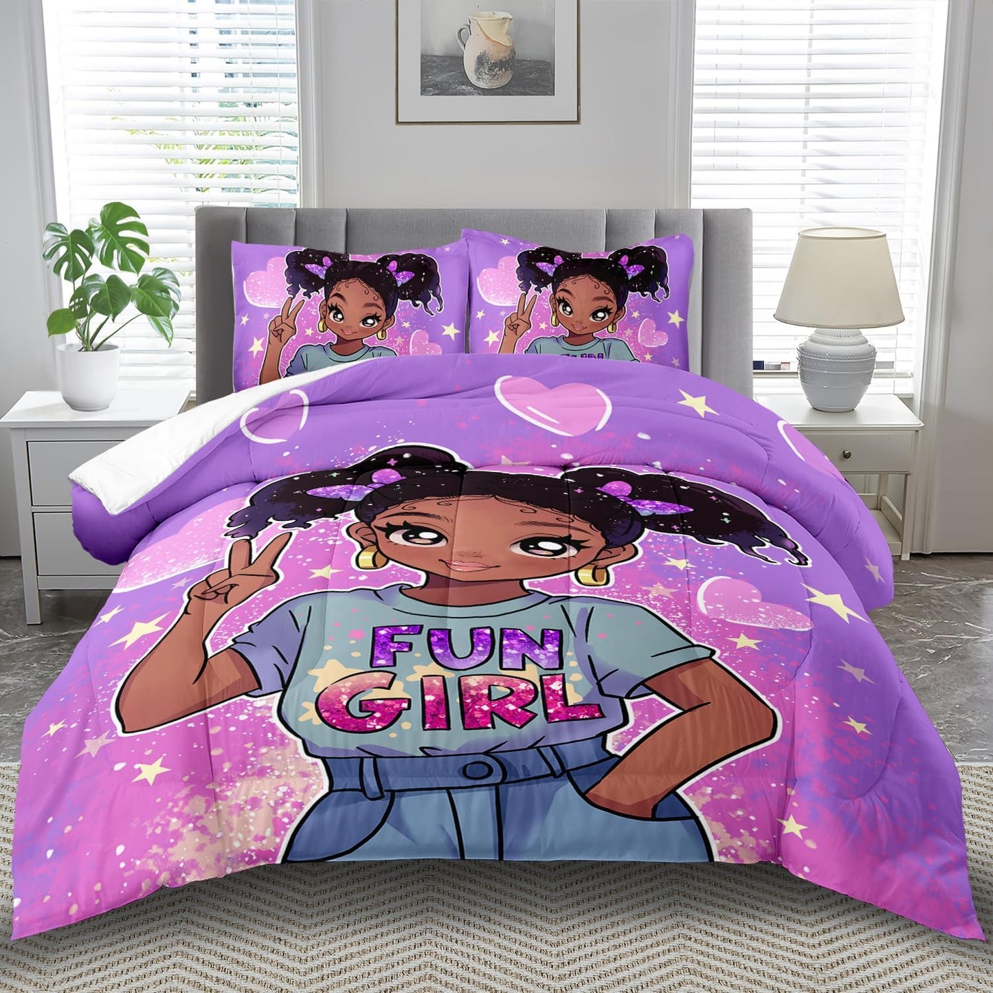 African American Black Girl Comforter Set Full Size,Cute Black Girl Bedding Set Full for Kids,Kawaii Heart Comforter Purple Bedding Decor for Teen,Purple Bed Quilt