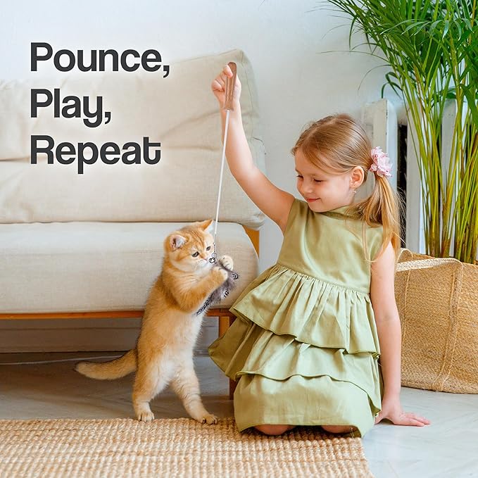 Cat Park Cat Wand Toys for Indoor Cats - 2PCS Interactive Cat Toy Wand with 4 Cat Feather Toys Refills, 27" Flexible Steel Wire, Sturdy Wood Handle & Bell, Fun Kitten or Cat Teaser Toy to Play, Chase