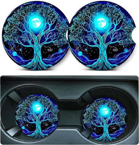 Car Coasters for Cup Holders,2 Pack Tree of Life Car Cup Holder Coasters,2.75" Universal Size Anti Slip Rubber Mat,Automotive Cup Holder Decal Decor Accessories,Good Luck Gifts for Women,Men