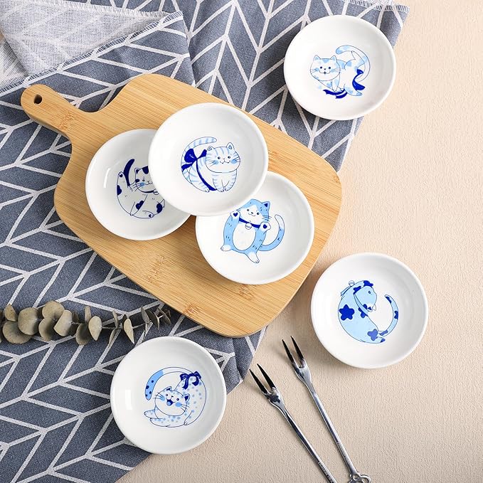 Blue and White Porcelain Vintage Cats Pattern Dessert Plates, Appetizer Plates, Snack Plates Set, Seasoning Dishes, Side Dishes, Saucer Dipping Bowls, 6 PCS-Blue Cats-3.5 Inch