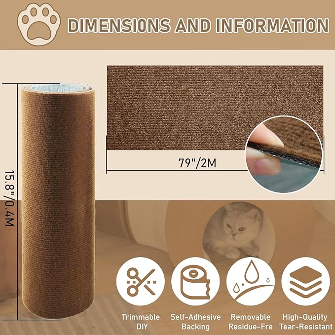 Cat Scratching Climbing Carpet Mat, Self-Adhesive Trimmable Anti Cat Scratcher Couch Furniture Protector from Cat Claws, Cat Post Covered Pad Replacement for DIY Cat Tree (Brown, 15.8" x 79")