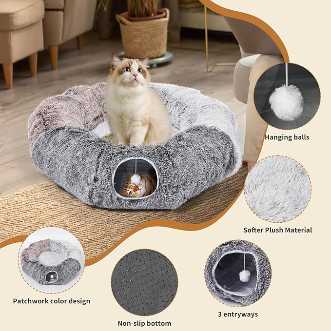 Odoland Large Cat Tunnels for Indoor Cats Fluffy Cat Bed and Detachable Cat Cave Tunnels with 20 Cat Toys, Cat Donut Tunnel and Variety Kitten Toy Set for Chewing Playing