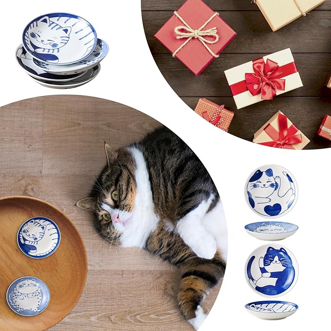 4 Pcs 4 Inches Cute Cat Soy Sauce Dish,Ceramic Cat Bowls,Japanese Cat Plates,Dipping Bowls,Snack Dish,Small Ceramic Saucers Plates, Sushi Plate Set, Mini Bowls, Small Bowls for Sides Dish (4 Inch)