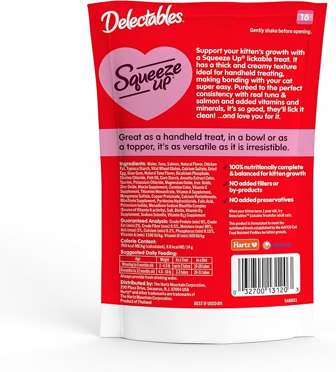 Delectables Squeeze Up Kitten Creamy Squeezable Puree, Lickable Wet Cat Treats, Grain Free, No Added Fillers, No By-Products, No Added Preservatives, 0.5 Ounces Tube Tuna & Salmon, 32 Tubes Total