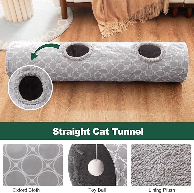 Love’s Cabin Straight Cat Tunnel Tube Fleece-Lined in for Warmth, Cat Tunnels for Indoor Cats Collapsible with Balls, for Rabbits, Kittens, Puppy, Geometric Cat Toys Large Diameter 11 Inch Grey