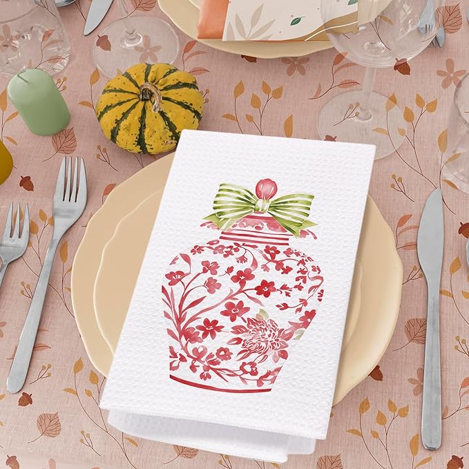 SPBL&L Chinoiserie Decor Kitchen Towels, Pink Chinoiserie Ginger Jar Vase Decorative Hand Towels for Bathroom, Grandmillenial Decor Dish Towels Tea Towels for Kitchen, 16x24 Inches