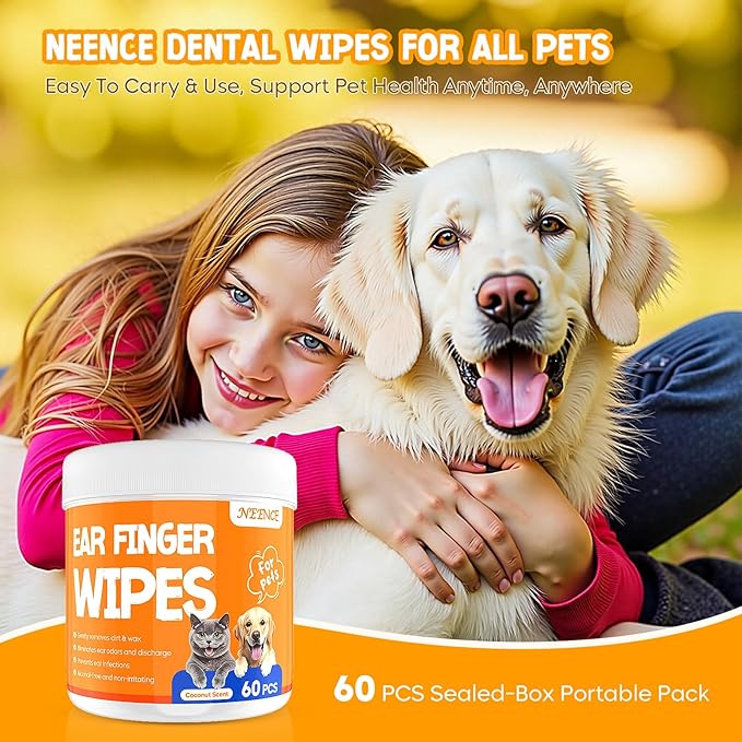NEENCE Ear Finger Wipes for Dogs & Cats,Dog Ear Cleaner Finger Wipes, Soothing Cleansing Deodorizing Ear Care Wipes for Cat and Dog, Effectively Remove Ear Wax for Dogs & Cats(60Pcs, Coconut)