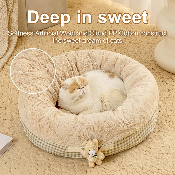 Jiupety Teddy Donut Bed for Indoor Cats, Washable & Warm Small Dog Bed, Cute Fluffy Round Kitten Bed, Suitable for Cat and Puppy, Anti-Slip Calming Princess Kitty Bed, Camel, 26"×26", Fit 25lbs