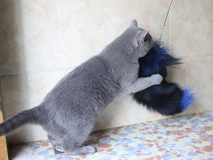 Fosrion Real Colored Yellow Silver Fox Tail Fur Hair Cat Bites Hunting Catching Accompanying Toy (Tanned Blue, Only Tail)