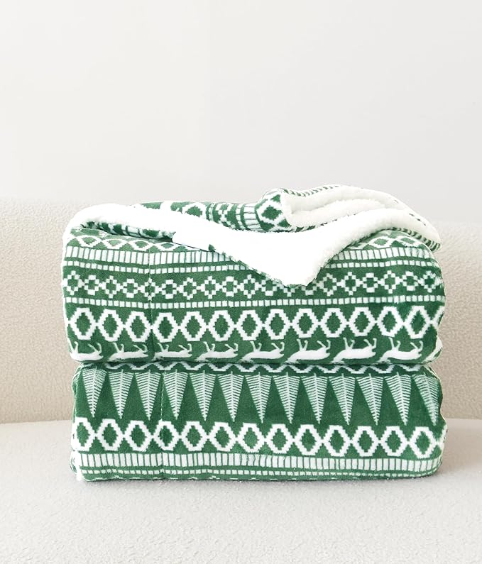 Elegant Comfort Reversible and Ultra-Plush Flannel Fleece-Winter Christmas Sherpa Throw- Lightweight Soft and Cozy-Holiday Decorative Throw, Perfect for Lounging, 50 x 60 inches, Emerald Green Deer