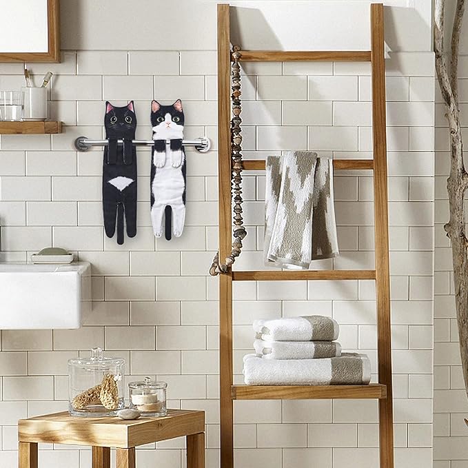 Cat Funny Hand Towels for Bathroom Kitchen - Cute Decorative Cat Decor Hanging Washcloths Face Towels Super Absorbent Soft - Housewarming Birthday Christmas Fun Gifts for Women Cat Lovers - Blackwhite