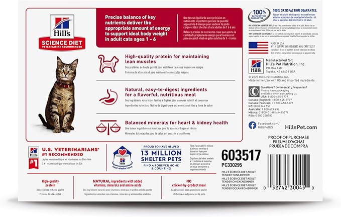 Hill's Science Diet Adult 1-6 Premium Nutrition, Wet Cat Food, Variety Case: Tuna; Chicken; Ocean Fish Stew, 5.5 oz Cans Variety Pack, Case of 12