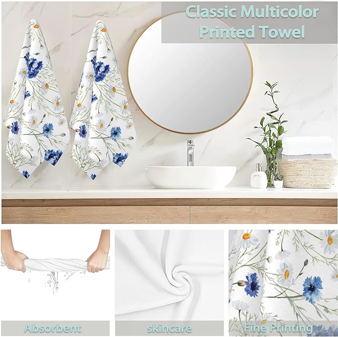 White Daisy Flowers Hand Towels Set of 2,Blue Cornflower Fingertip Towel Polyester Cotton Soft Bath Hand Towels for Bathroom Kitchen Hotel Spa Hand Towels 14"X28"