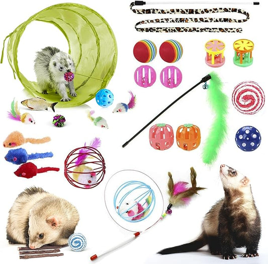 SunGrow Ferret & Cat Tunnel and Assorted Activity Variety Pack, Interactive Kitten & Ferret Accessories, for Indoors, Teaser Wand, Crinkle Balls, Bell Set, etc. (Assorted Toys, 30 Pieces)