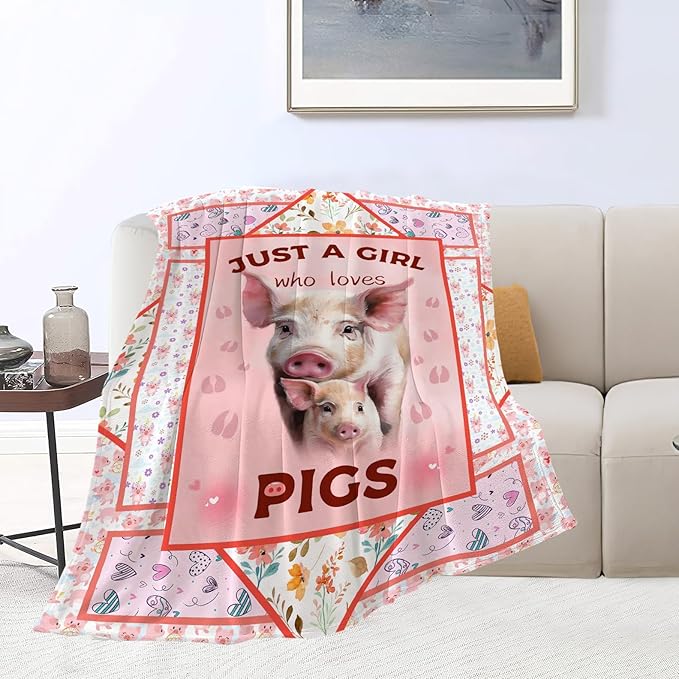 Cute Pig Blanket Just A Girl Who Loves Pigs Throw Blanket Ultra Soft Cozy Fleece Flower Animal Gift Fuzzy Plush Bedding Blankets for Kids Teens Adults Girls Boys Women Men 50"x40"