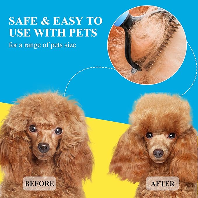 C4P Double Sided Undercoat Rake Brush for Long Haired Dogs & Cats, Shedding and Dematting Tool for Grooming Extra Wide Blue Large