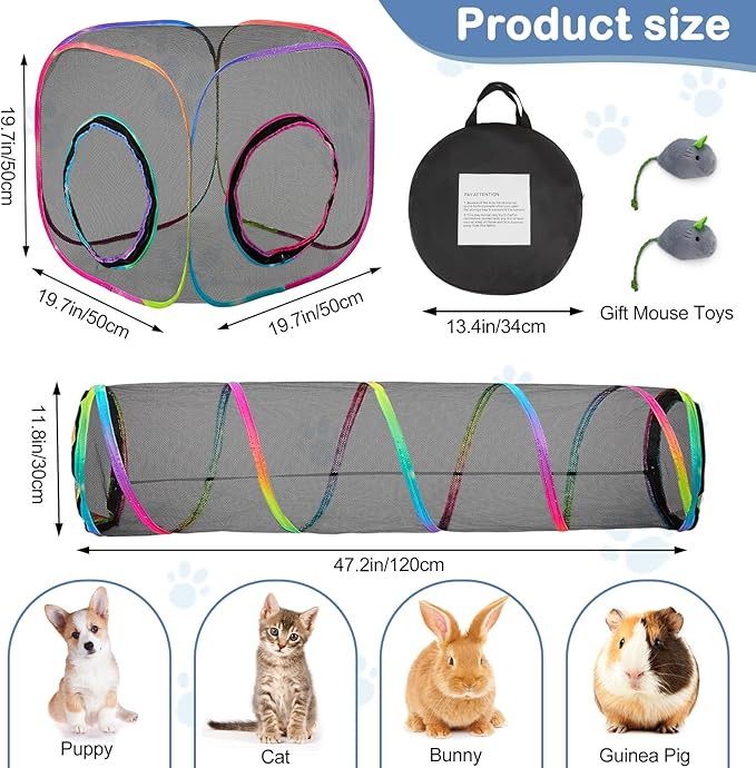 Outdoor Cat Enclosures Portable Cat Tunnel with Carry Bag Breathable Cat Tent Outdoor with 2 Mouse Toys Outside Cat Enclosure for Indoor Cats (2 Cubes + Run Tunnel)