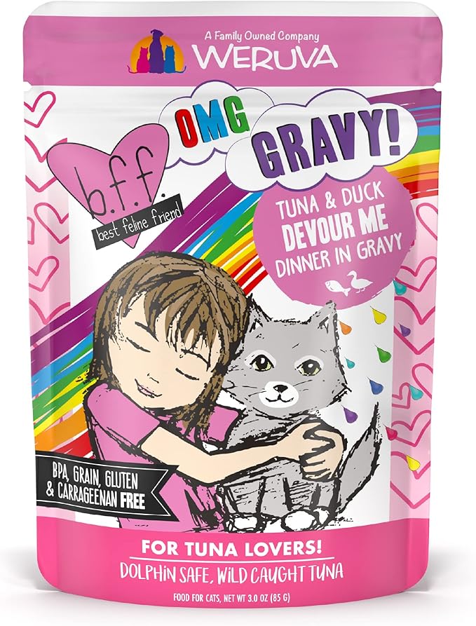 Weruva B.F.F. OMG - Best Feline Friend Oh My Gravy!, Tuna & Duck Devour Me with Tuna & Duck in Gravy Cat Food, 3oz Pouch (Pack of 12)