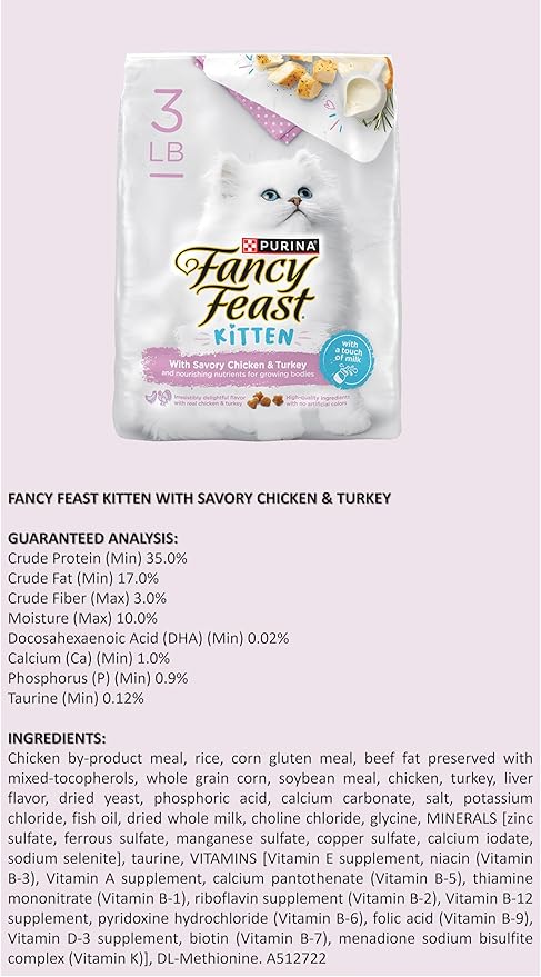 Kitten Bundle: 1 Bag (3 lbs) of Dry Kitten Food with Savory Chicken & Turkey, 1 cat Toy kit with 3 Mouse Toys, and 1 Booklet About pet Nutrition