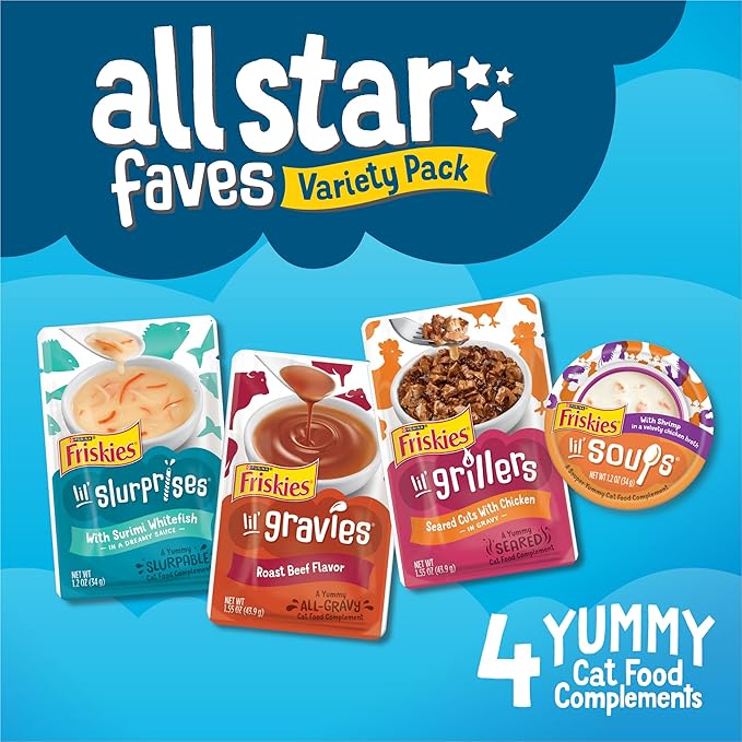 Friskies Purina All-Star Faves Lickable Gravy Cat Food Topper Wet Cat Food Variety Pack - 24 ct. Box