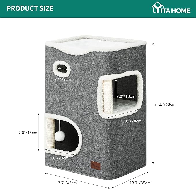 YIATHOME 2 Storey Cat House, Cat Beds for Indoor Cats, Small Cat Condo with Scratch Post and Hideaway Cave, Modern Cat Cube Playhouse for Multi Kittens, Classic Style, Grey