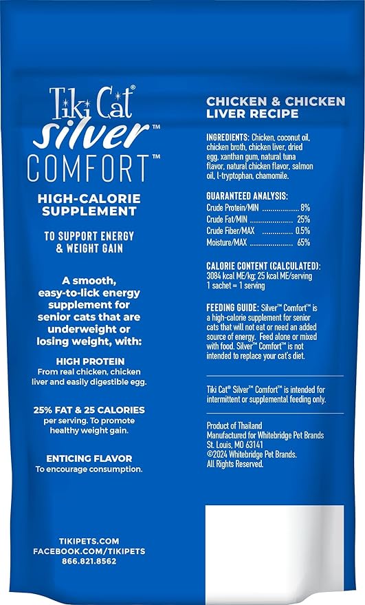 Tiki Cat Silver Comfort Mousse, Chicken & Chicken Liver, High-Calorie Formulated for Older Cats Aged 11+, Senior Wet Cat Food, 5.6 oz Pouch (20 Individual Servings) (Pack of 8)