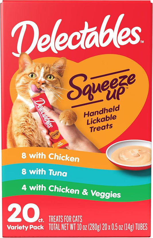 Delectables Squeeze Up Variety Pack, Creamy Squeezable Puree, Lickable Wet Cat Treats, Grain Free, No Added Fillers, No by-Products, No Added Preservatives, 0.5 Ounces Tube, 20 Tubes Total