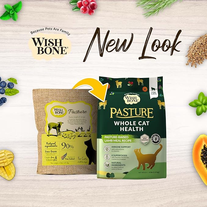 Wishbone Pasture New Zealand Lamb, Gluten Free, Grain Free Dry Cat Food, Premium Lamb Recipe Cat Food for Overall Pet Health - 4 lb