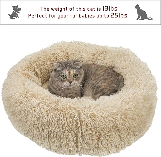 Calming Cat Beds for Indoor Cats, Anti Anxiety Round Fluffy Plush Faux Fur Cat Bed, Washable 23 inches Small Dog Bed & Cat Bed