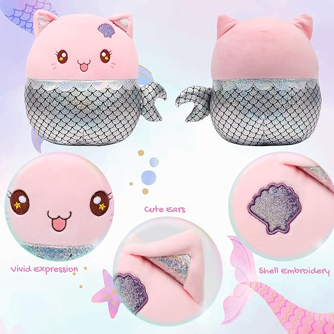 12” Mermaid Cat Plush Pillow Soft Mermaid Stuffed Animal Cute Cat Plush Toy Birthday Christmas Festival Gifts for Kids