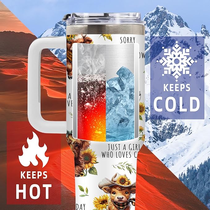 Highland Cow Gifts for Women, Cow Tumbler Flowers, Highland Cows Gift for Girls, Funny Cute Just A Girl Who Loves Cows, 40 Oz Tumbler with Handle