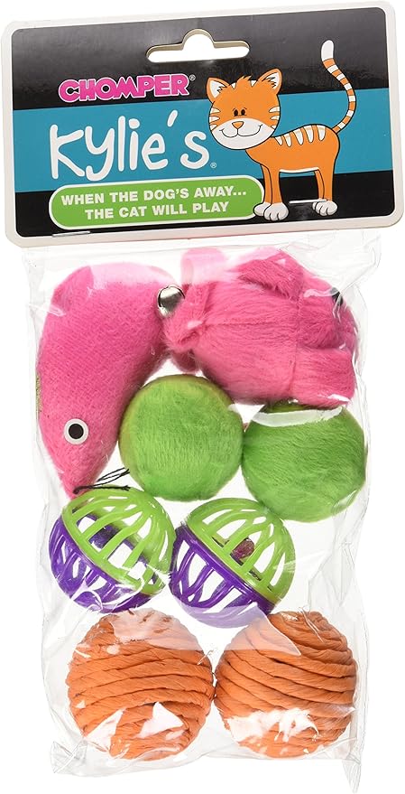 Boss Pet Chomper Kylie's Brites 8-Piece Feather Mouse and Ball Toy Set for Pets