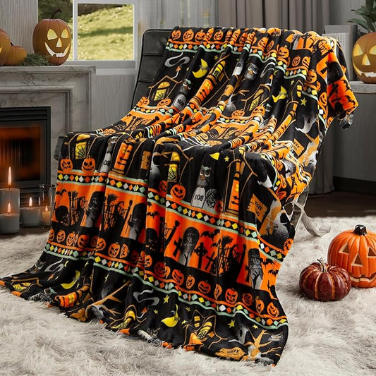 Ghost Halloween Blanket 50” x 70” Reversible Castle Gravestone Pumpkin Print Fleece Throw Blanket, 320 GSM Surper Soft Warm Cozy Blanket for Couch Sofa, Halloween Harvest Gifts and Orange Home Decor
