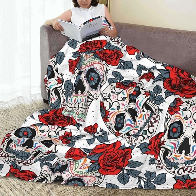 Ultra-Soft Microfiber Throw Blanket 330 GSM Fuzzy Fleece Blanket for Adults Kids Gift Couch, Sofa, Bed Skull Rose 50"x40"