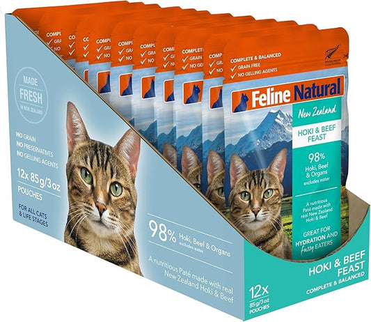 Feline Natural - 12 Grain-Free Pouches - Hoki & Beef Feast, 3oz Perforated Box