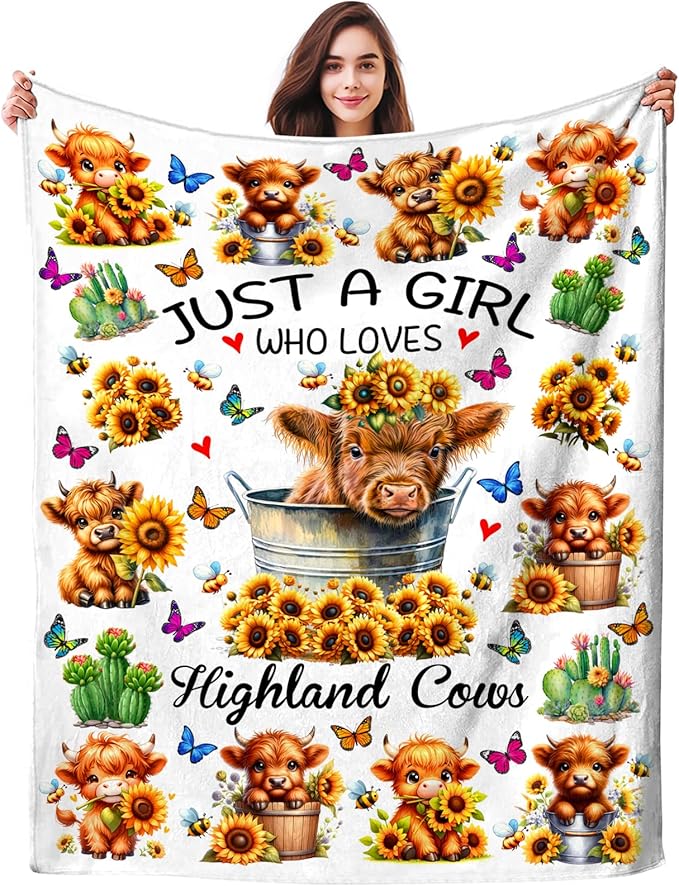 Highland Cow Gifts Sunflower Highland Cow Print Blanket Throw Plush Stuff Cute Animal Butterfly Gifts for Girls Kids Women Adults Highland Cow Lovers Birthday Decorations 50"X40"