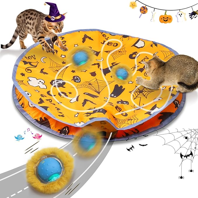 Interactive Cat Toys Ball Rolling in The Pouch, Chirping & Motion Activated Interactive Cat Ball Toy Begins Hide and Seek Game in Mat, Rechargeable Cat Exercise Toy