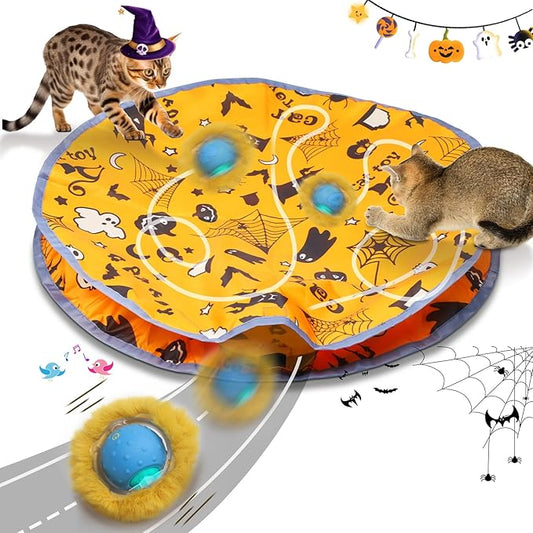 Interactive Cat Toys Ball Rolling in The Pouch, Chirping & Motion Activated Interactive Cat Ball Toy Begins Hide and Seek Game in Mat, Rechargeable Cat Exercise Toy